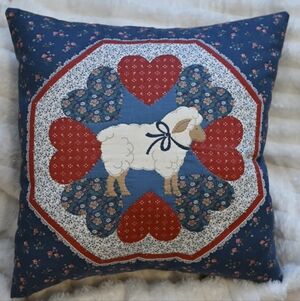 Blue Red White Accent Pillow Sheep Lamb Flowers Heart Design Handcrafted Patch